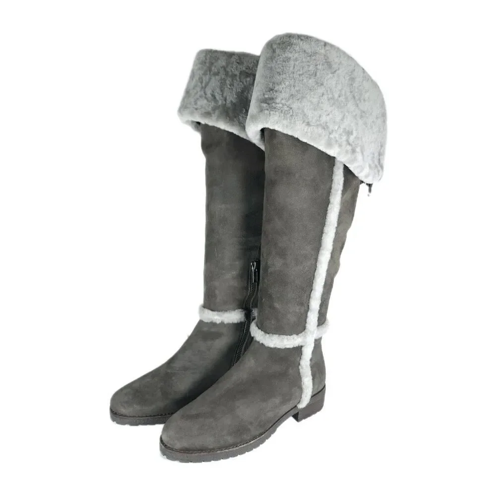 Frye Women's Tamara US6,5 Gray Genuine Shearling Suede Over The Knee Snow Boots